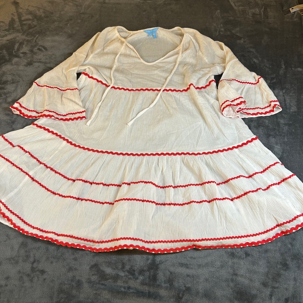 Draper James White Red Cotton Tunic Dress Bohemian Bell Sleeve‎ Beach Womens XS